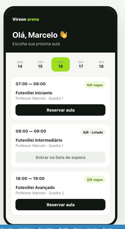 Portal do aluno do Vireon Arena com agenda e reservas